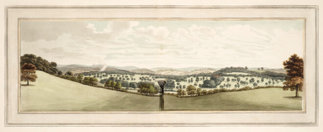 Schloss und Schlossgarten Schwetzingen - "XIV. View from the tower at Wembly : this is rather a prospect than a landscape; and therefore the pencil gives an inadequate idea of its real beauty. But this scene is attempted, to show how breadth of light and shade is produced, and that flutter corrected which had been the consequence of too many trees dotted on the lawn. In the unimproved state of this view, there is an evident confusion; and the chief circumstance attracting notice, is the smoke of a distant lime-kiln. But, by introducing objects within the park, the view becomes more appropriate and concentred; and the distance is rendered more subordinate in the general composition." aus "Humphry Repton - Sketches and hints on landscape gardening - 1794" (Bildnachweis: University of Wisconsin, https://digital.library.wisc.edu/1711.dl/GRI3MYTLTX2GJ86, gemeinfrei) Schloss und Schlossgarten Schwetzingen - "XIV. View from the tower at Wembly : this is rather a prospect than a landscape; and therefore the pencil gives an inadequate idea of its real beauty. But this scene is attempted, to show how breadth of light and shade is produced, and that flutter corrected which had been the consequence of too many trees dotted on the lawn. In the unimproved state of this view, there is an evident confusion; and the chief circumstance attracting notice, is the smoke of a distant lime-kiln. But, by introducing objects within the park, the view becomes more appropriate and concentred; and the distance is rendered more subordinate in the general composition." aus "Humphry Repton - Sketches and hints on landscape gardening - 1794" (Bildnachweis: University of Wisconsin, https://digital.library.wisc.edu/1711.dl/GRI3MYTLTX2GJ86, gemeinfrei)