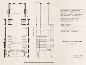 Schloss und Schlossgarten Schwetzingen - Schlosstheater, Bühnengrundriss und Bühnen-Längssschnitt, ca.1941, nach dem Umbau 1937, Lichtpause auf Papier, Bad. Bezirksbauamt Mannheim (Bildnachweis: Architekturmuseum der TU Berlin, Inv. Nr. TBS 261,01, https://doi.org/10.25645/k4fe-jk88, gemeinfrei)