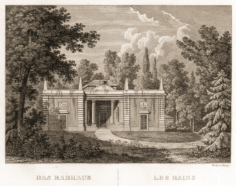 Schloss und Schlossgarten Schwetzingen - Tafel "Das Badhaus" - Auszug aus "Johann Michael Zeyher: Der Schwetzinger Garten - In malerischen Ansichten gezeichnet - Mannheim - ca. 1830" - 1775-1800 - Universitätsbibliothek Heidelberg - Signatur T 793 (RES) - https://heidicon.ub.uni-heidelberg.de/#/detail/1526009 - Public Domain
