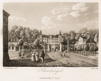 Schloss und Schlossgarten Schwetzingen - "Eingang zum Schwetzinger Schloss" - Maler: Fritz Bamberger (1814 - 1873) - Verlag Carl Jügel - 1845 - Universitätsbibliothek Heidelberg - Signatur A 2536-4-3 RES - https://heidicon.ub.uni-heidelberg.de/#/detail/1297749 - Public Domain