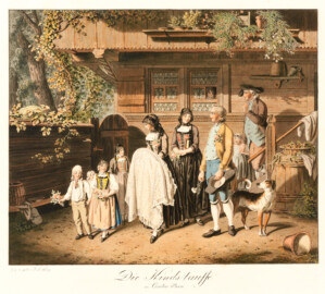 Schloss und Schlossgarten Schwetzingen - Die Kinds-tauffe im Canton Bern; aus der Serie "Conversations-Stücke und National-Gegenstände" (Zeichner: Franz Niklaus König (1765-1832); Datierung: ab 1803; Art: Druckgrafik, Umrissradierung, koloriert; Herkunft: HelveticArchives, Signatur GS-GUGE-KÖNIG-C-17, https://www.helveticarchives.ch/detail.aspx?ID=479156; Bildnachweis: Wikimedia Commons, https://commons.wikimedia.org/wiki/File%3ACH-NB_-_Br%C3%A4uche%2C_Taufe_in_der_Familie_F.N._K%C3%B6nigs_-_Collection_Gugelmann_-_GS-GUGE-K%C3%96NIG-C-17.tif, gemeinfrei)