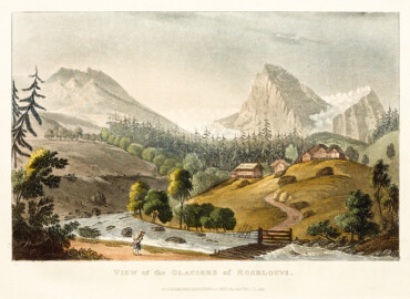 Schloss und Schlossgarten Schwetzingen - View of the Glaciers of Roselouvi (Blatt 13 aus dem Album: "Jakob Samuel Weibel, Rudolph Ackermann (London): Picturesque tour through the Oberland in the Canton of Berne, in Switzerland - 1823"; nach dem Blatt 10 aus der Serie "Jakob Samuel Weibel: Vierzehn Aussichten im Oberlande jenseits Thun gewählt - Mit ihren kurzen historisch-topographischen Beschreibungen - 1793 bis ca. 1796" (Herkunft: HelveticArchives, Sammlung Gugelmann, Signatur GS-GUGE-204-138, https://www.helveticarchives.ch/detail.aspx?ID=481223; Bildnachweis: Wikimedia Commons, https://commons.wikimedia.org/wiki/File%3ACH-NB_-_Collection_Gugelmann_-_GS-GUGE-204-138.tif, gemeinfrei)