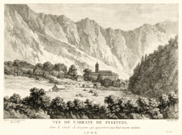 Schloss und Schlossgarten Schwetzingen - Vue de l'abbaye de Pfeffers, dans le Comté de Sargans qui appartient aux huit anciens cantons; Blatt 112 aus der Serie "Beat Fidel Anton von Zurlauben: Tableaux de la Suisse, ou voyage pittoresque fait dans les XIII Cantons du Corps Helvétique" (Zeichner: Jean Jacques François Le Barbier (1738-1826), Stecher: François Denis Née (1732-1817; Datierung: ca. 1780 - ca. 1786; Art: Druckgrafik, Radierung; Herkunft: HelveticArchives, Signatur GS-GRAF-ANSI-SG-73, https://www.helveticarchives.ch/detail.aspx?ID=1390838; Bildnachweis: Wikimedia Commons, https://commons.wikimedia.org/wiki/File%3ACH-NB_-_Grafiken_Orts-_und_Landschaftsansichten_-_GS-GRAF-ANSI-SG-73.tif, gemeinfrei)