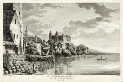 Schloss und Schlossgarten Schwetzingen - Le Chateau de Granson. Vu sur le Lac de Neufchatel; Blatt 23 aus der Serie "Beat Fidel Anton von Zurlauben: Tableaux de la Suisse, ou voyage pittoresque fait dans les XIII Cantons du Corps Helvétique" (Zeichner: Jean Jacques François Le Barbier (1738-1826), Stecher: Joseph C. Maillet (1751-1811); Datierung: ca. 1780 - ca. 1786; Art: Druckgrafik, Radierung; Herkunft: HelveticArchives, Signatur GS-GRAF-ANSI-VD-558, https://www.helveticarchives.ch/detail.aspx?ID=1527720; Bildnachweis: Wikimedia Commons, https://commons.wikimedia.org/wiki/File%3ACH-NB_-_Grafiken_Orts-_und_Landschaftsansichten_-_GS-GRAF-ANSI-VD-558.tif, gemeinfrei)