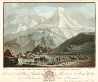 Schloss und Schlossgarten Schwetzingen - Vue du Gross-Horn et du Breit-Horn avec le petit lac d'Oberhorn; Blatt 17 aus der Serie "Vues Remarquables des Montagnes de la Suisse dessinées et colorées d'apres Nature, avec leur Description" (Maler: Caspar Wolf (1735-1783); Stecher: Charles Melchior Descourtis; Datierung: ca. 1785 - ca. 1794; Art: Druckgrafik, Farbradierung, koloriert; Herkunft: HelveticArchives, Sammlung Gugelmann, Signatur GS-GUGE-219-61, https://www.helveticarchives.ch/detail.aspx?ID=482055; Bildnachweis: Wikimedia Commons, https://commons.wikimedia.org/wiki/File%3ACH-NB_-_Vue_du_Gross-Horn_et_du_Breit-Horn_avec_le_petit_lac_d%27Oberhorn_-_Collection_Gugelmann_-_GS-GUGE-219-61.tif, gemeinfrei)