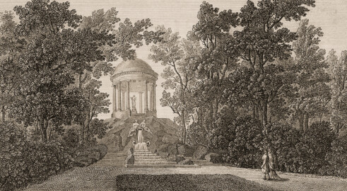 Schloss und Schlossgarten Schwetzingen - Tafel "Der Apollo-Tempel im Schwetzinger Garten" - Auszug aus: "Helmina von Chézy; Handbuch für Reisende nach Heidelberg und in seine Umgebungen, nach Mannheim, Schwetzingen, dem Odenwalde und dem Neckarthale - Heidelberg - Joseph Engelmann - 1820" - https://doi.org/10.11588/diglit.61008#0312 - Public Domain