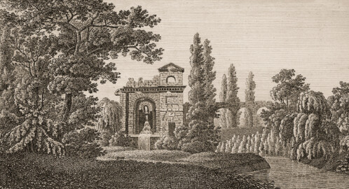 Schloss und Schlossgarten Schwetzingen - Tafel "Römische Ruine im Schwetzinger Garten" - Auszug aus: "Helmina von Chézy; Handbuch für Reisende nach Heidelberg und in seine Umgebungen, nach Mannheim, Schwetzingen, dem Odenwalde und dem Neckarthale - Heidelberg - Joseph Engelmann - 1820" - https://doi.org/10.11588/diglit.61008#0321 - Public Domain