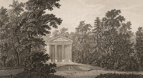 Schloss und Schlossgarten Schwetzingen - Tafel "Der Minervatempel im Schwetzinger Garten" - Auszug aus: "Helmina von Chézy; Handbuch für Reisende nach Heidelberg und in seine Umgebungen, nach Mannheim, Schwetzingen, dem Odenwalde und dem Neckarthale - Heidelberg - Joseph Engelmann - 1820" - https://doi.org/10.11588/diglit.61008#0324 - Public Domain