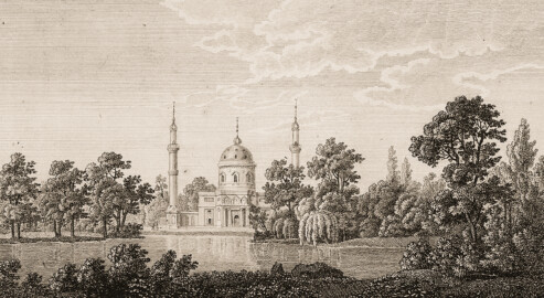 Schloss und Schlossgarten Schwetzingen - Tafel "Die Moschee im Schwetzinger Garten" - Auszug aus: "Helmina von Chézy; Handbuch für Reisende nach Heidelberg und in seine Umgebungen, nach Mannheim, Schwetzingen, dem Odenwalde und dem Neckarthale - Heidelberg - Joseph Engelmann - 1820" - https://doi.org/10.11588/diglit.61008#0328 - Public Domain
