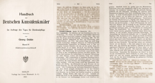 Schloss und Schlossgarten Schwetzingen - Titelblatt und Artikel über Schwetzingen aus "Georg Dehio: Handbuch der deutschen Kunstdenkmäler - Band 4 - Südwestdeutschland - 1911" (Bildnachweis: Uni Heidelberg, https://doi.org/10.11588/diglit.10980)