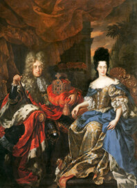 Schloss und Schlossgarten Schwetzingen - Doppelbildnis Johann Wilhelm (1658-1716) und Anna Maria Luisa de’ Medici (1667–1743), zweite Gemahlin des Kurfürsten  (Maler: Jan Frans van Douven (1656–1727); Datierung: vor 1708 / 1713; Herkunft: Gallerie degli Uffizi, Florenz; Bildnachweis: Wikimedia Commons, https://de.wikipedia.org/wiki/Datei:Jan_Frans_van_Douven,_Doppelbildnis_Johann_Wilhelm_von_der_Pfalz_und_Anna_Maria_Luisa_de%27_Medici_(1708).jpg, gemeinfrei)