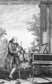 Schloss und Schlossgarten Schwetzingen - Garten - Schlosstheater - Von innen - 2. Obergeschoss, Foyer, Mitte - Druck: Familie Mozart beim Spielen; daneben ein Druck mit der Inschrift: "Meine Kinder haben ganz Schwetzingen in Bewegung gesetzt...", Leopold Mozart, 19. Juli 1763; hier ein Archivbild von metmuseum.org: LEOPOLD MOZART (1719–1787), Pere de  MARIANNE MOZART (1751–1829), Virtuose âgée de onze ans et de J. G. WOLFGANG MOZART (1756–1791), Compositeur et Maitre de Musique âgé de sept ans (Stich von Jean-Baptiste Joseph Delafosse (1721–1806), erstellt 1764, nach einer Radierung von Louis de Carmontelle (1717–1806) (Bildnachweis: The Met Fifth Avenue, Object Number: 17.3.756–1354, https://www.metmuseum.org/art/collection/search/679333, Public Domain)