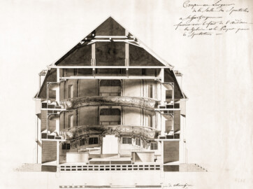 Schloss und Schlossgarten Schwetzingen - Schlosstheater - Nicolas de Pigage, Querschnitt durch das Theater zum Zuschauerraum hin, Feder, grau laviert, 41,8  x 56,4 cm, Maßstab in Mannheimer Fuß (bez.: "Coupe en Largeuer de la Salle des Spectacles à Schwetzingen faisant voir le fond de l'Auditoire, les Galeries et le Parquet pour les Spectateurs") (Bildnachweis: F0032934: Pigage, Nicolas de: Schwetzingen, Schloss, Theater, Querschnitt, um 1755, SPSG, GK II (1) 14774. Fotograf: Roland Handrick; mit freundlicher Genehmigung der Stiftung Preußische Schlösser und Gärten Berlin-Brandenburg / www.spsg.de)
