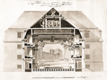 Schloss und Schlossgarten Schwetzingen - Schlosstheater - Nicolas de Pigage, Querschnitt durch das Theater zur Bühne hin, Feder, grau laviert, 41,3 x 57 cm, Maßstab in Mannheimer Fuß (bez.: "Coupe en Largeur de la Salle des Spectacles à Schwetzingen faisant voir l'ouverture et l'Avant Scène du Théâtre") (Bildnachweis: F0032935: Pigage, Nicolas de: Schwetzingen, Schloss, Theater, Querschnitt, um 1755, SPSG, GK II (1) 14775. Fotograf: Roland Handrick; mit freundlicher Genehmigung der Stiftung Preußische Schlösser und Gärten Berlin-Brandenburg / www.spsg.de)