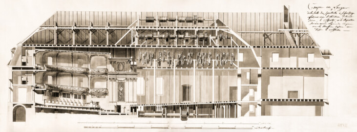 Schloss und Schlossgarten Schwetzingen - Schlosstheater - Nicolas de Pigage, Längsschnitt nach Süden hin, Feder, grau laviert, 42,5 x 117,6 cm, 2 Maßstäbe im Mannheimer und rheinischen Fußmaß (bez.: "Coupe en Longeur de la Salle des Spectacles à Schwetzingen faisant voir l'Auditoire, l'Avant Scène, le Théâtre et la Repertoir par une même Ligne de coupe avec les Machines dessous et dessus le Théâtre") (Bildnachweis: F0032936: Pigage, Nicolas de: Schwetzingen, Schloss, Theater, Längsschnitt, um 1755, SPSG, GK II (1) 14771. Fotograf: Roland Handrick; mit freundlicher Genehmigung der Stiftung Preußische Schlösser und Gärten Berlin-Brandenburg / www.spsg.de)