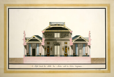 Schloss und Schlossgarten Schwetzingen - Badhaus - Längsschnitt, Zeichnung von Anton Graff, 1799 - "C. Profil durch die Mitte des Saales und der beiden Vorzimmer", Feder in Schwarz, farbig laviert, 38,4x 55,3 Zentimeter, bezeichnet rechts unter: Anton Graff, bezifferter Maßstab in „Pieds de Mannheim" (Bildnachweis: Graff, Anton: Schwetzingen, Badhaus, Schnitt, 1799, GK II (1) o. Nr. / Stiftung Preußische Schlösser und Gärten Berlin-Brandenburg / Fotograf: Daniel Lindner; mit freundlicher Genehmigung der Stiftung Preußische Schlösser und Gärten Berlin-Brandenburg / www.spsg.de)