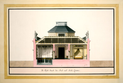 Schloss und Schlossgarten Schwetzingen - Badhaus - Querschnitt, Zeichnung von Anton Graff, 1799 - "D. Profil durch das Bad und Ruhe Zimmer", Feder in Schwarz, farbig laviert, 38,0 x 54,8 Zentimeter, bezeichnet rechts unten: Anton Graff, bezifferter Maßstab in „Pieds de Mannheim" (Bildnachweis: Graff, Anton: Schwetzingen, Badhaus, Schnitt, 1799, GK II (1) o. Nr. / Stiftung Preußische Schlösser und Gärten Berlin-Brandenburg / Fotograf: Daniel Lindner; mit freundlicher Genehmigung der Stiftung Preußische Schlösser und Gärten Berlin-Brandenburg / www.spsg.de)