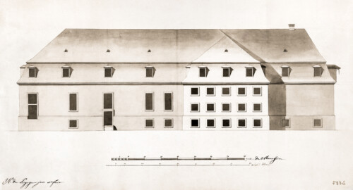 Schloss und Schlossgarten Schwetzingen - Schlosstheater - Nicolas de Pigage, Ansicht aus dem Garten des Gesandtenhauses, Feder, grau laviert, 42,2 x 67 cm, sign.: N. de Pigage inv. et fecit, 2 Maßstäbe im Mannheimer und rheinischen Fußmaß (Bildnachweis: F0119788: Pigage, Nicolas de: Schwetzingen, Theater, Aufriss der Seitenfassade, SPSG, GK II (1) 14776. Fotograf: Roland Handrick; mit freundlicher Genehmigung der Stiftung Preußische Schlösser und Gärten Berlin-Brandenburg / www.spsg.de)