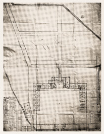 Schloss und Schlossgarten Schwetzingen - Breunig (wahrscheinlich), Projekt für den Erweiterungsbau des Schlosses, Erdgeschossgrundriss, Umfang des Gartens, 1711 - GLA Karlsruhe (Bildnachweis: Die Kunstdenkmäler des Amtsbezirks Mannheim – Stadt Schwetzingen – 1933)