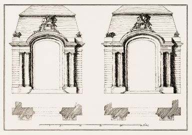 Schloss und Schlossgarten Schwetzingen - Rabaliatti, Zeichnung für die Portale des (südlichen?) Zirkelhauses - GLA Karlsruhe (Bildnachweis: Die Kunstdenkmäler des Amtsbezirks Mannheim – Stadt Schwetzingen – 1933) Schloss und Schlossgarten Schwetzingen - Rabaliatti, Zeichnung für die Portale des (südlichen?) Zirkelhauses - GLA Karlsruhe (Bildnachweis: Die Kunstdenkmäler des Amtsbezirks Mannheim – Stadt Schwetzingen – 1933)