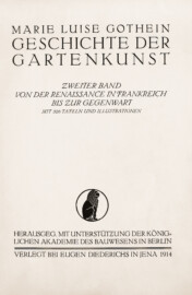 Schloss und Schlossgarten Schwetzingen - Titelblatt von "Marie Luise Gothein: Geschichte der Gartenkunst - Band 2 - Von der Renaissance in Frankreich bis zur Gegenwart - 1914" (Bildnachweis: Uni Heidelberg, https://doi.org/10.11588/diglit.15962, gemeinfrei)