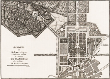 Schloss und Schlossgarten Schwetzingen - «Jardins de Schwetzingen a l'Electeur Palatin à 3. Lieues de Manheim et à 2. Lieues de Heidelberg» - Datierung: 1767- Karte aus: "Georges-Louis Le Rouge: Les jardins Anglo-Chinois, 1775" - Abb. 508 / Seite 268  von "Marie Luise Gothein: Geschichte der Gartenkunst (Band 2) - Von der Renaissance in Frankreich bis zur Gegenwart — 1914" (Bildnachweis: Uni Heidelberg, https://doi.org/10.11588/diglit.15962#0276, Public Domain)