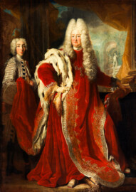 Schloss und Schlossgarten Schwetzingen - Bildnis des Kurfürsten Carl III. Philipp von der Pfalz als Ordensgroßmeister mit Page (Maler: Pierre Goudreaux (1694-1731), Datierung: 1724; Bildnachweis: Bayerische Staatsgemäldesammlungen - Alte Pinakothek München, https://www.sammlung.pinakothek.de/de/artwork/wE4KqM5LZ5, CC BY-SA 4.0)