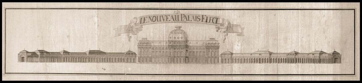 Schloss und Schlossgarten Schwetzingen - Tafel "LE NOUVEAU PALAIS ELECTORAL A SCHWETZINGEN" - Plan von Nicolas de Pigage eines nicht realisierten Neubaus des Schlosses  - Batt'sche Sammlung - Signatur Graph. Slg. A_0571 - Vor 1839 - Universitätsbibliothek Heidelberg - https://heidicon.ub.uni-heidelberg.de/iiif/2/274429%3A291747 - Public Domain