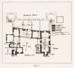 Schloss und Schlossgarten Schwetzingen - Abb. 3: "Schematischer Lageplan mit Bezeichnung der einzelnen Bauteile" des Buches "Heinrich Gropp: Das Schwetzinger Schloß zu Anfang des 18. Jahrhunderts – Dissertation – 1930" (Reproduktion durch Dr. Manfred Schneider, August 2023)