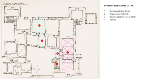 Schloss und Schlossgarten Schwetzingen - Erweiterte Abb. 4: "Grundriß des Erdgeschosses" des Buches "Heinrich Gropp: Das Schwetzinger Schloß zu Anfang des 18. Jahrhunderts – Dissertation – 1930" (Reproduktion durch Dr. Manfred Schneider, August 2023) Schloss und Schlossgarten Schwetzingen - Erweiterte Abb. 4: "Grundriß des Erdgeschosses" des Buches "Heinrich Gropp: Das Schwetzinger Schloß zu Anfang des 18. Jahrhunderts – Dissertation – 1930" (Reproduktion durch Dr. Manfred Schneider, August 2023)
