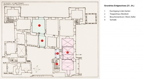 Schloss und Schlossgarten Schwetzingen - Erweiterte Abb. 4: "Grundriß des Erdgeschosses" des Buches "Heinrich Gropp: Das Schwetzinger Schloß zu Anfang des 18. Jahrhunderts – Dissertation – 1930" (Reproduktion durch Dr. Manfred Schneider, August 2023) Schloss und Schlossgarten Schwetzingen - Erweiterte Abb. 4: "Grundriß des Erdgeschosses" des Buches "Heinrich Gropp: Das Schwetzinger Schloß zu Anfang des 18. Jahrhunderts – Dissertation – 1930" (Reproduktion durch Dr. Manfred Schneider, August 2023)