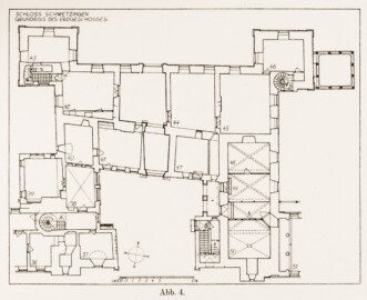 Schloss und Schlossgarten Schwetzingen - Abb. 4: "Grundriß des Erdgeschosses" des Buches "Heinrich Gropp: Das Schwetzinger Schloß zu Anfang des 18. Jahrhunderts – Dissertation – 1930" (Reproduktion durch Dr. Manfred Schneider, August 2023)