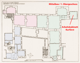 Schloss und Schlossgarten Schwetzingen - Erweiterte Abb. 5: "Grundriß des 1. Obergeschosses" des Buches "Heinrich Gropp: Das Schwetzinger Schloß zu Anfang des 18. Jahrhunderts – Dissertation – 1930" (Reproduktion durch Dr. Manfred Schneider, August 2023) Schloss und Schlossgarten Schwetzingen - Erweiterte Abb. 5: "Grundriß des 1. Obergeschosses" des Buches "Heinrich Gropp: Das Schwetzinger Schloß zu Anfang des 18. Jahrhunderts – Dissertation – 1930" (Reproduktion durch Dr. Manfred Schneider, August 2023)