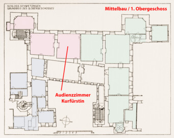 Schloss und Schlossgarten Schwetzingen - Erweiterte Abb. 5: "Grundriß des 1. Obergeschosses" des Buches "Heinrich Gropp: Das Schwetzinger Schloß zu Anfang des 18. Jahrhunderts – Dissertation – 1930" (Reproduktion durch Dr. Manfred Schneider, August 2023)