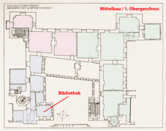 Schloss und Schlossgarten Schwetzingen - Erweiterte Abb. 5: "Grundriß des 1. Obergeschosses" des Buches "Heinrich Gropp: Das Schwetzinger Schloß zu Anfang des 18. Jahrhunderts – Dissertation – 1930" (Reproduktion durch Dr. Manfred Schneider, August 2023) Schloss und Schlossgarten Schwetzingen - Erweiterte Abb. 5: "Grundriß des 1. Obergeschosses" des Buches "Heinrich Gropp: Das Schwetzinger Schloß zu Anfang des 18. Jahrhunderts – Dissertation – 1930" (Reproduktion durch Dr. Manfred Schneider, August 2023)