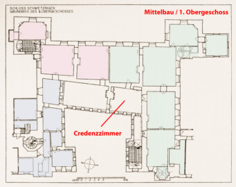 Schloss und Schlossgarten Schwetzingen - Erweiterte Abb. 5: "Grundriß des 1. Obergeschosses" des Buches "Heinrich Gropp: Das Schwetzinger Schloß zu Anfang des 18. Jahrhunderts – Dissertation – 1930" (Reproduktion durch Dr. Manfred Schneider, August 2023) Schloss und Schlossgarten Schwetzingen - Erweiterte Abb. 5: "Grundriß des 1. Obergeschosses" des Buches "Heinrich Gropp: Das Schwetzinger Schloß zu Anfang des 18. Jahrhunderts – Dissertation – 1930" (Reproduktion durch Dr. Manfred Schneider, August 2023)