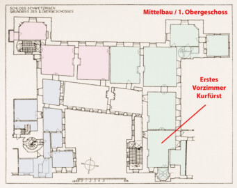 Schloss und Schlossgarten Schwetzingen - Erweiterte Abb. 5: "Grundriß des 1. Obergeschosses" des Buches "Heinrich Gropp: Das Schwetzinger Schloß zu Anfang des 18. Jahrhunderts – Dissertation – 1930" (Reproduktion durch Dr. Manfred Schneider, August 2023) Schloss und Schlossgarten Schwetzingen - Erweiterte Abb. 5: "Grundriß des 1. Obergeschosses" des Buches "Heinrich Gropp: Das Schwetzinger Schloß zu Anfang des 18. Jahrhunderts – Dissertation – 1930" (Reproduktion durch Dr. Manfred Schneider, August 2023)