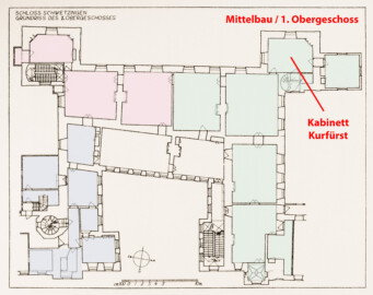 Schloss und Schlossgarten Schwetzingen - Erweiterte Abb. 5: "Grundriß des 1. Obergeschosses" des Buches "Heinrich Gropp: Das Schwetzinger Schloß zu Anfang des 18. Jahrhunderts – Dissertation – 1930" (Reproduktion durch Dr. Manfred Schneider, August 2023)