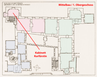 Schloss und Schlossgarten Schwetzingen - Erweiterte Abb. 5: "Grundriß des 1. Obergeschosses" des Buches "Heinrich Gropp: Das Schwetzinger Schloß zu Anfang des 18. Jahrhunderts – Dissertation – 1930" (Reproduktion durch Dr. Manfred Schneider, August 2023) Schloss und Schlossgarten Schwetzingen - Erweiterte Abb. 5: "Grundriß des 1. Obergeschosses" des Buches "Heinrich Gropp: Das Schwetzinger Schloß zu Anfang des 18. Jahrhunderts – Dissertation – 1930" (Reproduktion durch Dr. Manfred Schneider, August 2023)