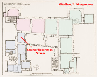 Schloss und Schlossgarten Schwetzingen - Erweiterte Abb. 5: "Grundriß des 1. Obergeschosses" des Buches "Heinrich Gropp: Das Schwetzinger Schloß zu Anfang des 18. Jahrhunderts – Dissertation – 1930" (Reproduktion durch Dr. Manfred Schneider, August 2023)