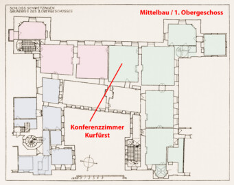 Schloss und Schlossgarten Schwetzingen - Erweiterte Abb. 5: "Grundriß des 1. Obergeschosses" des Buches "Heinrich Gropp: Das Schwetzinger Schloß zu Anfang des 18. Jahrhunderts – Dissertation – 1930" (Reproduktion durch Dr. Manfred Schneider, August 2023)