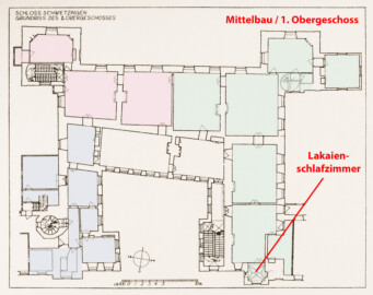 Schloss und Schlossgarten Schwetzingen - Erweiterte Abb. 5: "Grundriß des 1. Obergeschosses" des Buches "Heinrich Gropp: Das Schwetzinger Schloß zu Anfang des 18. Jahrhunderts – Dissertation – 1930" (Reproduktion durch Dr. Manfred Schneider, August 2023) Schloss und Schlossgarten Schwetzingen - Erweiterte Abb. 5: "Grundriß des 1. Obergeschosses" des Buches "Heinrich Gropp: Das Schwetzinger Schloß zu Anfang des 18. Jahrhunderts – Dissertation – 1930" (Reproduktion durch Dr. Manfred Schneider, August 2023)