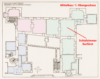 Schloss und Schlossgarten Schwetzingen - Erweiterte Abb. 5: "Grundriß des 1. Obergeschosses" des Buches "Heinrich Gropp: Das Schwetzinger Schloß zu Anfang des 18. Jahrhunderts – Dissertation – 1930" (Reproduktion durch Dr. Manfred Schneider, August 2023) Schloss und Schlossgarten Schwetzingen - Erweiterte Abb. 5: "Grundriß des 1. Obergeschosses" des Buches "Heinrich Gropp: Das Schwetzinger Schloß zu Anfang des 18. Jahrhunderts – Dissertation – 1930" (Reproduktion durch Dr. Manfred Schneider, August 2023)