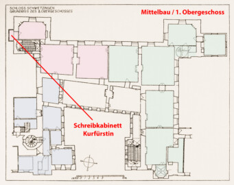 Schloss und Schlossgarten Schwetzingen - Erweiterte Abb. 5: "Grundriß des 1. Obergeschosses" des Buches "Heinrich Gropp: Das Schwetzinger Schloß zu Anfang des 18. Jahrhunderts – Dissertation – 1930" (Reproduktion durch Dr. Manfred Schneider, August 2023) Schloss und Schlossgarten Schwetzingen - Erweiterte Abb. 5: "Grundriß des 1. Obergeschosses" des Buches "Heinrich Gropp: Das Schwetzinger Schloß zu Anfang des 18. Jahrhunderts – Dissertation – 1930" (Reproduktion durch Dr. Manfred Schneider, August 2023)