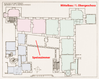 Schloss und Schlossgarten Schwetzingen - Erweiterte Abb. 5: "Grundriß des 1. Obergeschosses" des Buches "Heinrich Gropp: Das Schwetzinger Schloß zu Anfang des 18. Jahrhunderts – Dissertation – 1930" (Reproduktion durch Dr. Manfred Schneider, August 2023) Schloss und Schlossgarten Schwetzingen - Erweiterte Abb. 5: "Grundriß des 1. Obergeschosses" des Buches "Heinrich Gropp: Das Schwetzinger Schloß zu Anfang des 18. Jahrhunderts – Dissertation – 1930" (Reproduktion durch Dr. Manfred Schneider, August 2023)