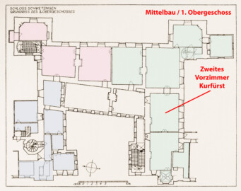 Schloss und Schlossgarten Schwetzingen - Erweiterte Abb. 5: "Grundriß des 1. Obergeschosses" des Buches "Heinrich Gropp: Das Schwetzinger Schloß zu Anfang des 18. Jahrhunderts – Dissertation – 1930" (Reproduktion durch Dr. Manfred Schneider, August 2023)