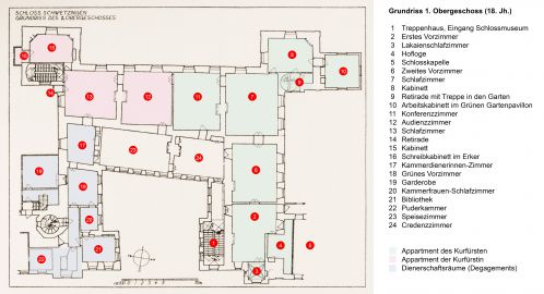 Schloss und Schlossgarten Schwetzingen - Erweiterte Abb. 5: "Grundriß des 1. Obergeschosses" des Buches "Heinrich Gropp: Das Schwetzinger Schloß zu Anfang des 18. Jahrhunderts – Dissertation – 1930" (Reproduktion durch Dr. Manfred Schneider, August 2023) Schloss und Schlossgarten Schwetzingen - Erweiterte Abb. 5: "Grundriß des 1. Obergeschosses" des Buches "Heinrich Gropp: Das Schwetzinger Schloß zu Anfang des 18. Jahrhunderts – Dissertation – 1930" (Reproduktion durch Dr. Manfred Schneider, August 2023)