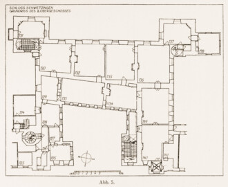 Schloss und Schlossgarten Schwetzingen - Abb. 5: "Grundriß des 1. Obergeschosses" des Buches "Heinrich Gropp: Das Schwetzinger Schloß zu Anfang des 18. Jahrhunderts – Dissertation – 1930" (Reproduktion durch Dr. Manfred Schneider, August 2023)