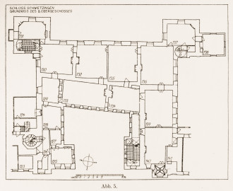Schloss und Schlossgarten Schwetzingen - Abb. 5: "Grundriß des 1. Obergeschosses" des Buches "Heinrich Gropp: Das Schwetzinger Schloß zu Anfang des 18. Jahrhunderts – Dissertation – 1930" (Reproduktion durch Dr. Manfred Schneider, August 2023) Schloss und Schlossgarten Schwetzingen - Abb. 5: "Grundriß des 1. Obergeschosses" des Buches "Heinrich Gropp: Das Schwetzinger Schloß zu Anfang des 18. Jahrhunderts – Dissertation – 1930" (Reproduktion durch Dr. Manfred Schneider, August 2023)