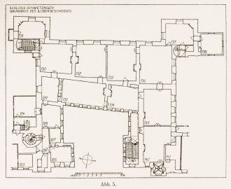 Schloss und Schlossgarten Schwetzingen - Abb. 5: "Grundriß des 1. Obergeschosses" des Buches "Heinrich Gropp: Das Schwetzinger Schloß zu Anfang des 18. Jahrhunderts – Dissertation – 1930" (Reproduktion durch Dr. Manfred Schneider, August 2023) Schloss und Schlossgarten Schwetzingen - Abb. 5: "Grundriß des 1. Obergeschosses" des Buches "Heinrich Gropp: Das Schwetzinger Schloß zu Anfang des 18. Jahrhunderts – Dissertation – 1930" (Reproduktion durch Dr. Manfred Schneider, August 2023)